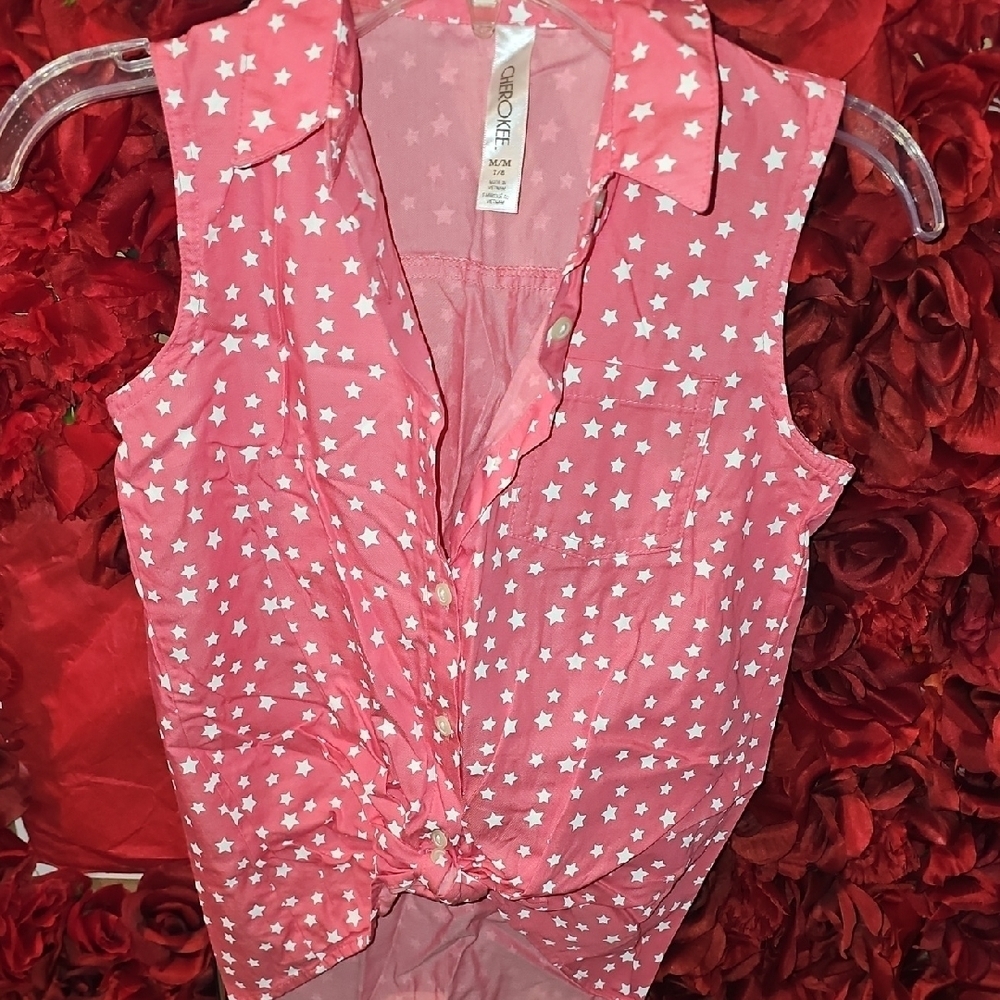 Cherokee Pink Star-Patterned Sleeveless Tie Front Hilo Tank Size 7/8 Like New